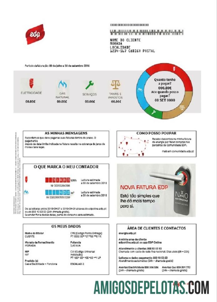 realista Modelo de conta de serviços públicos EDP Portugal em formato Word e PDF, bom para comprovação de endereço